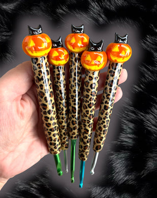 Pumpkin Black Cat Crochet Hook Long or Short Grips Choose One