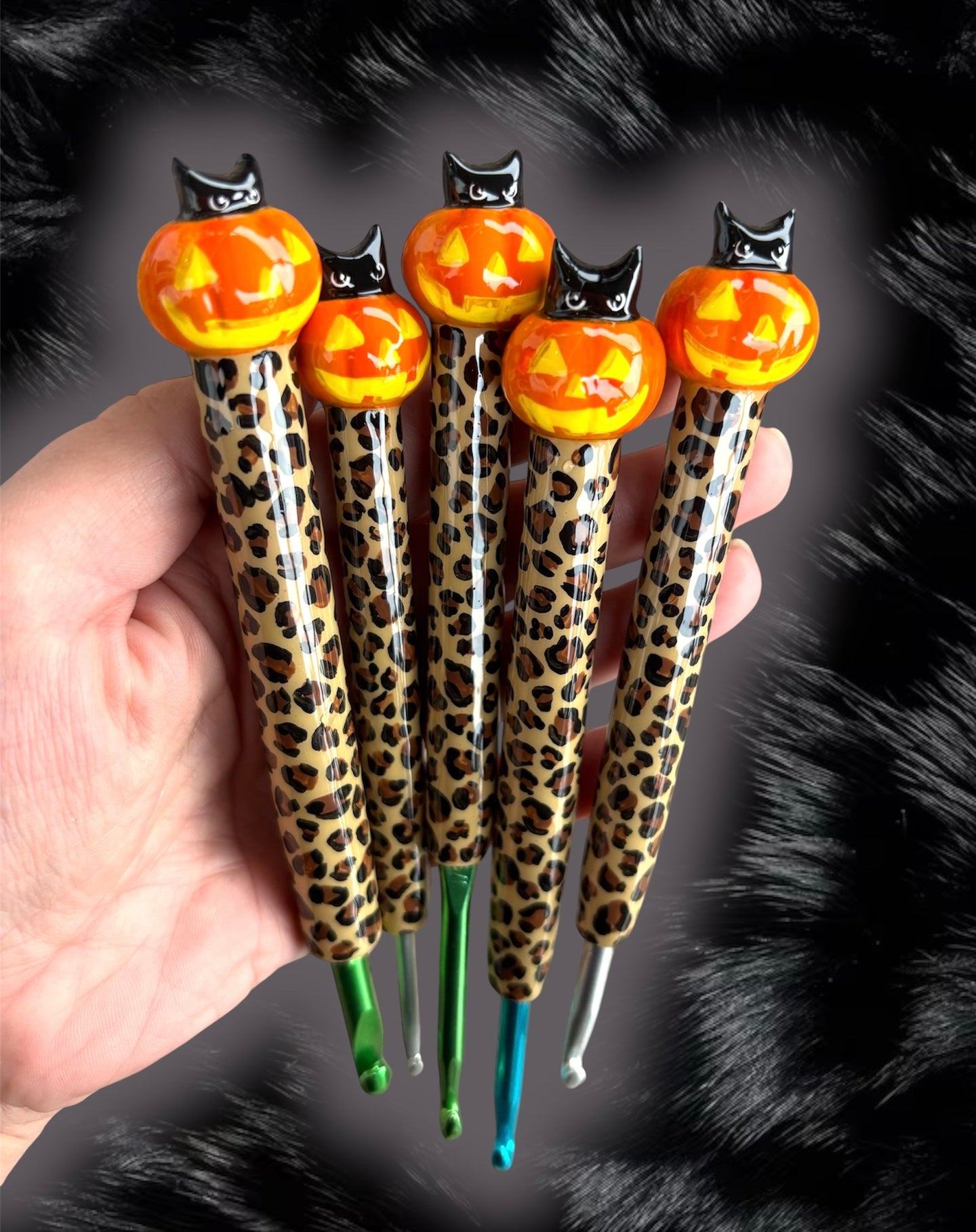 Pumpkin Black Cat Crochet Hook Long or Short Grips Choose One